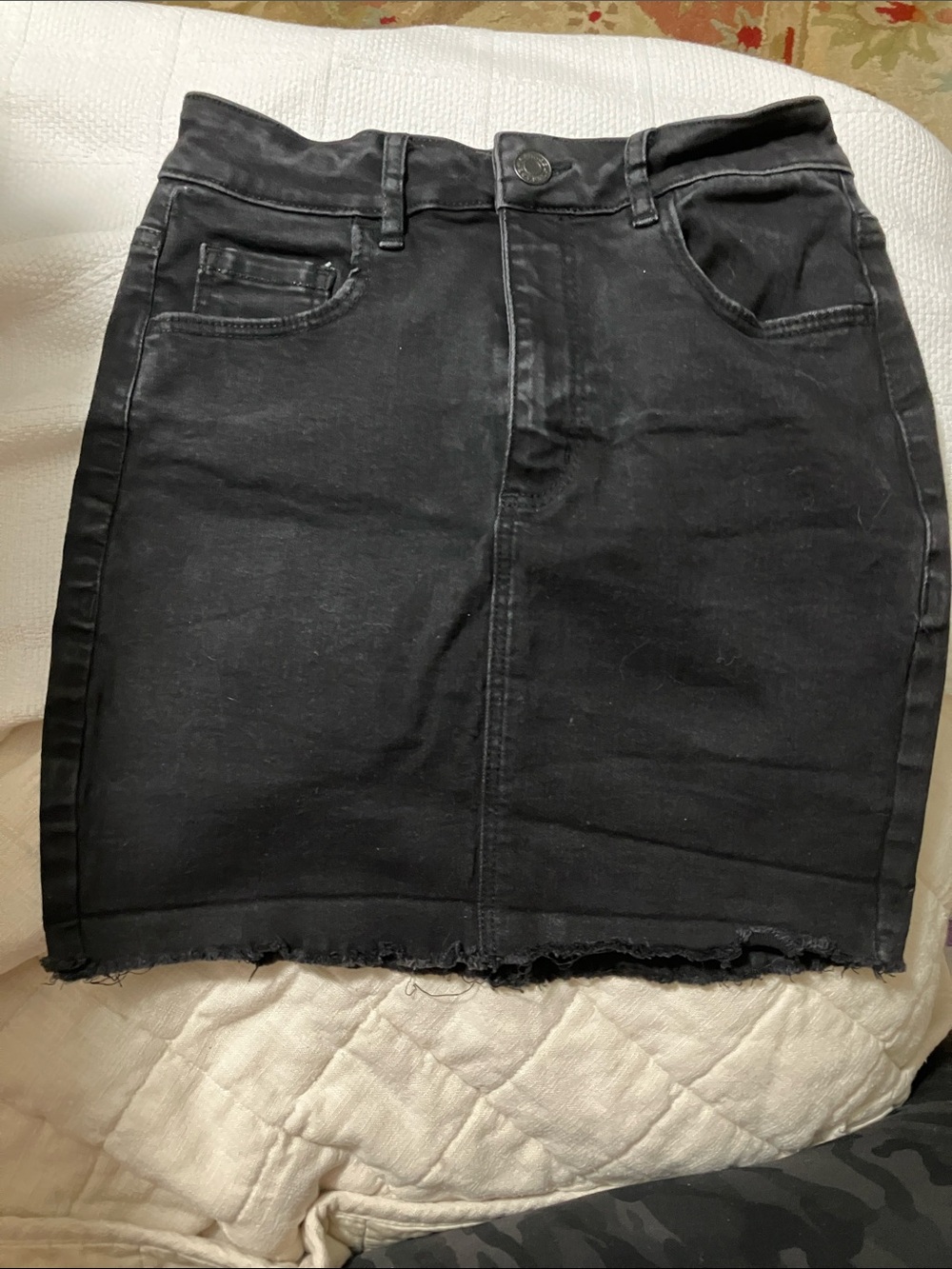 Garage Black Mini Denim Skirt with Raw Hem